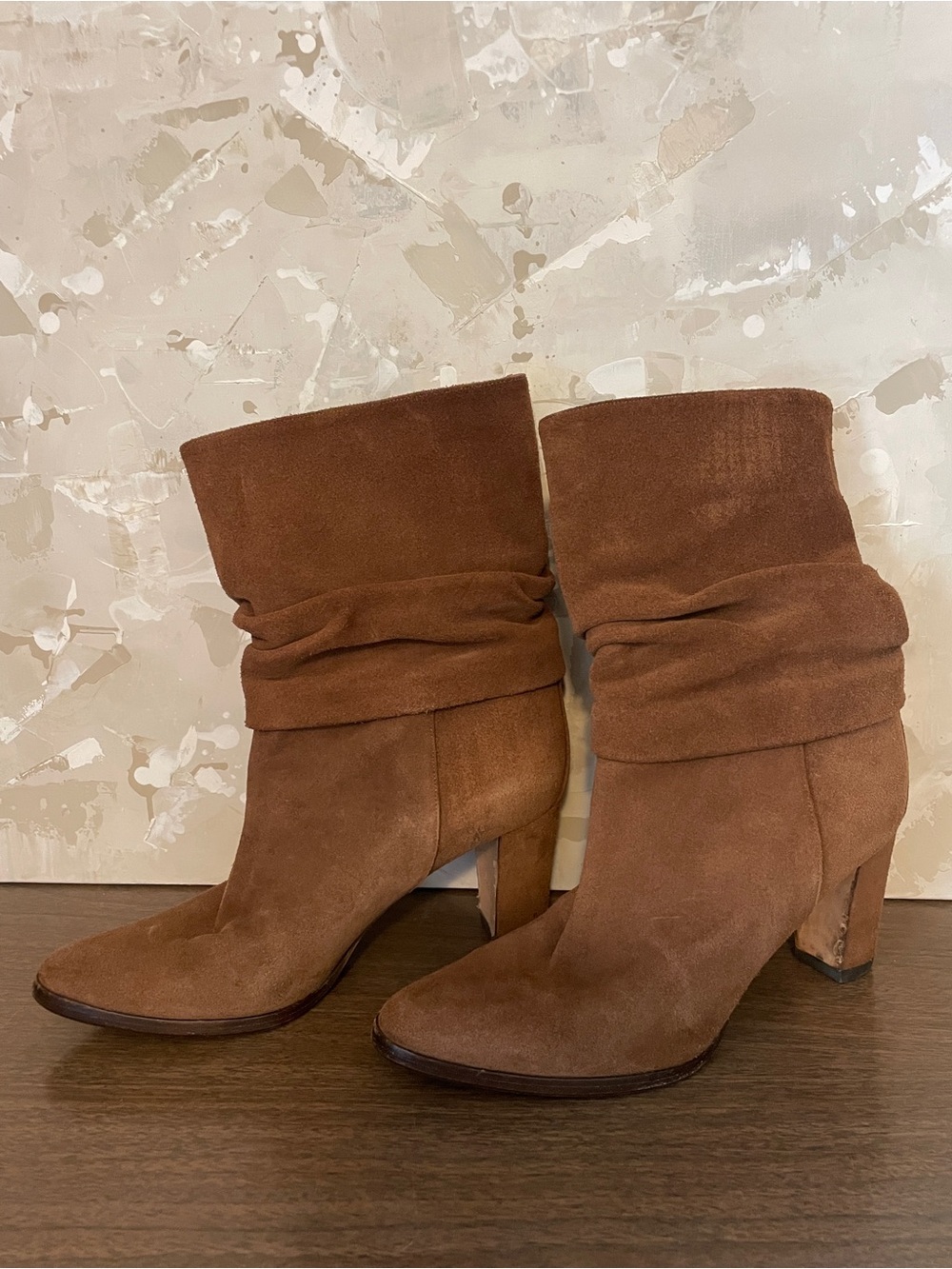 Manolo Blahnik Brown Suede Slouchy Block Heel Mid-Calf Boots